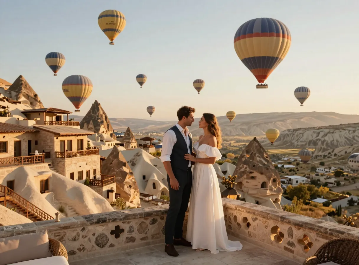 Hot air balloons flying over Cappadocia at sunrise