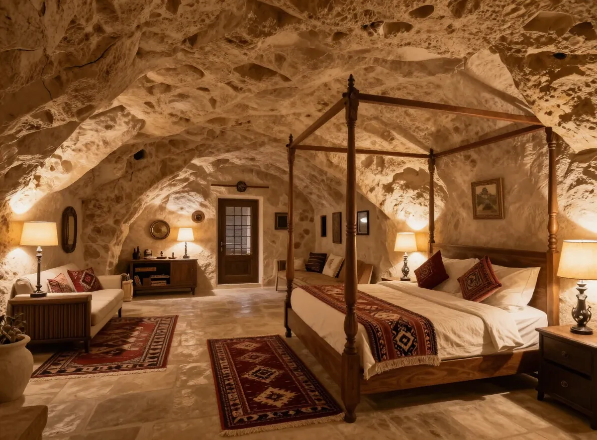 Luxury cave suite interior with carved stone walls in a Cappadocia boutique hotel